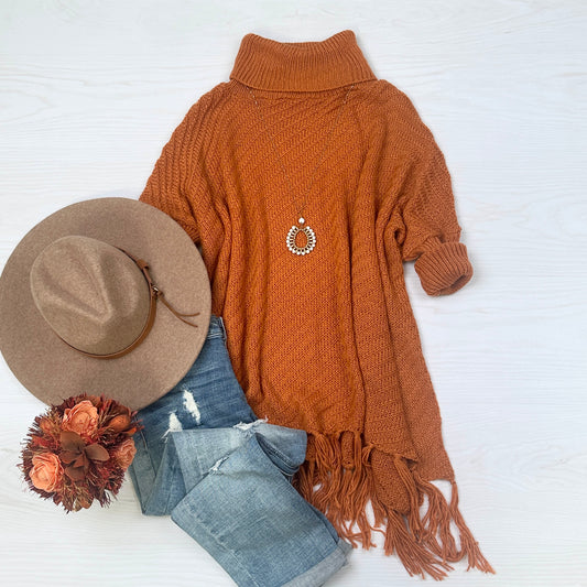 Celina Oversized Turtleneck Fringe Pullover Sweater