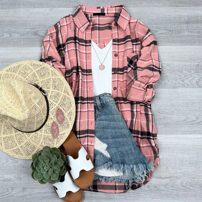 Everyday Casual Oversized Long Sleeve Flannel | Red/Black
