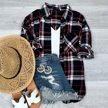 Everyday Casual Oversized Long Sleeve Flannel | Red/Black