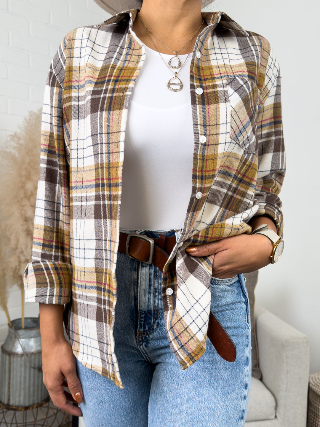 Oversized Long Sleeve Button up Plaid Fall Flannel | Sage