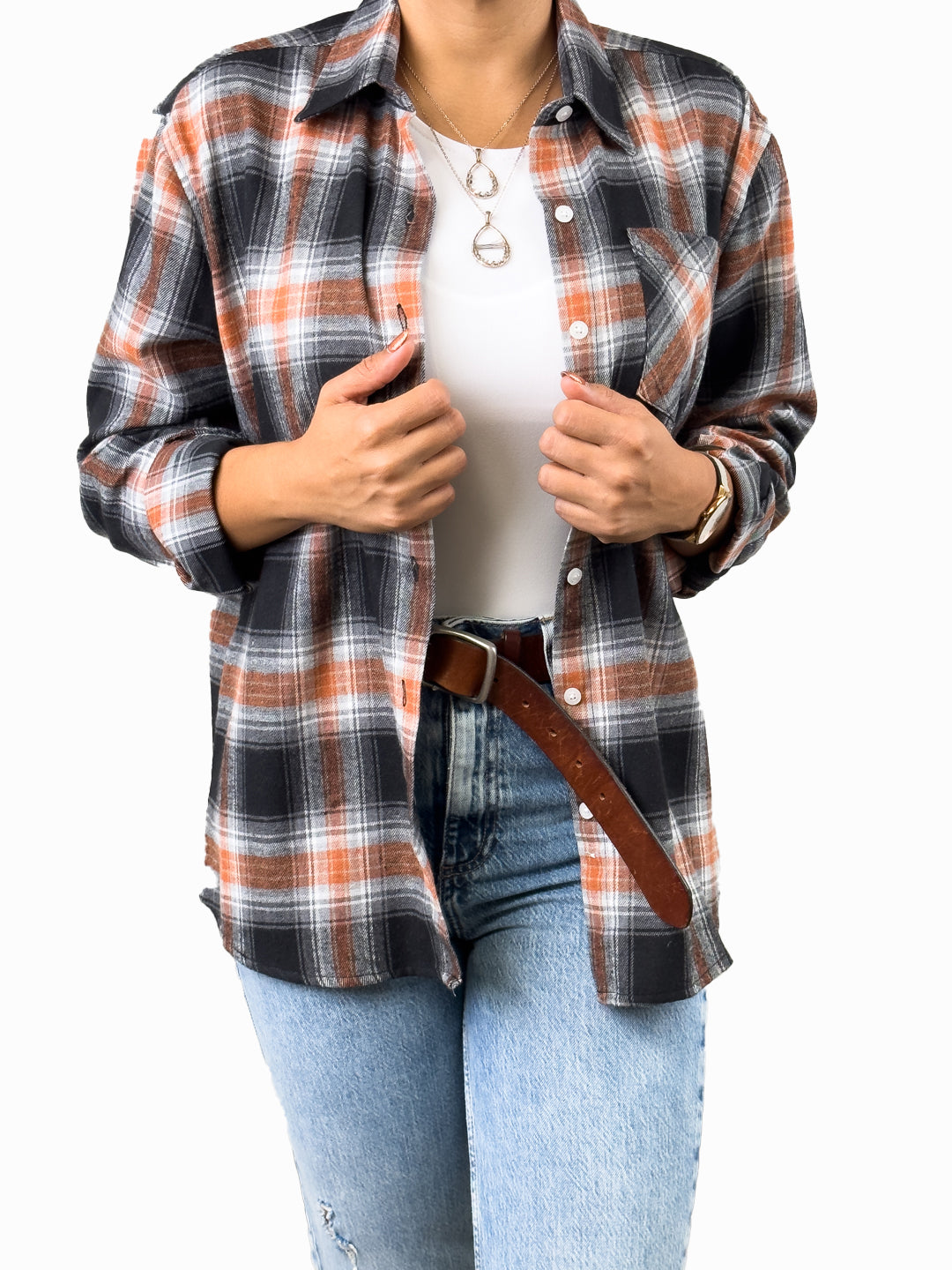 Oversized Long Sleeve Button up Plaid Fall Flannel | Pumpkin