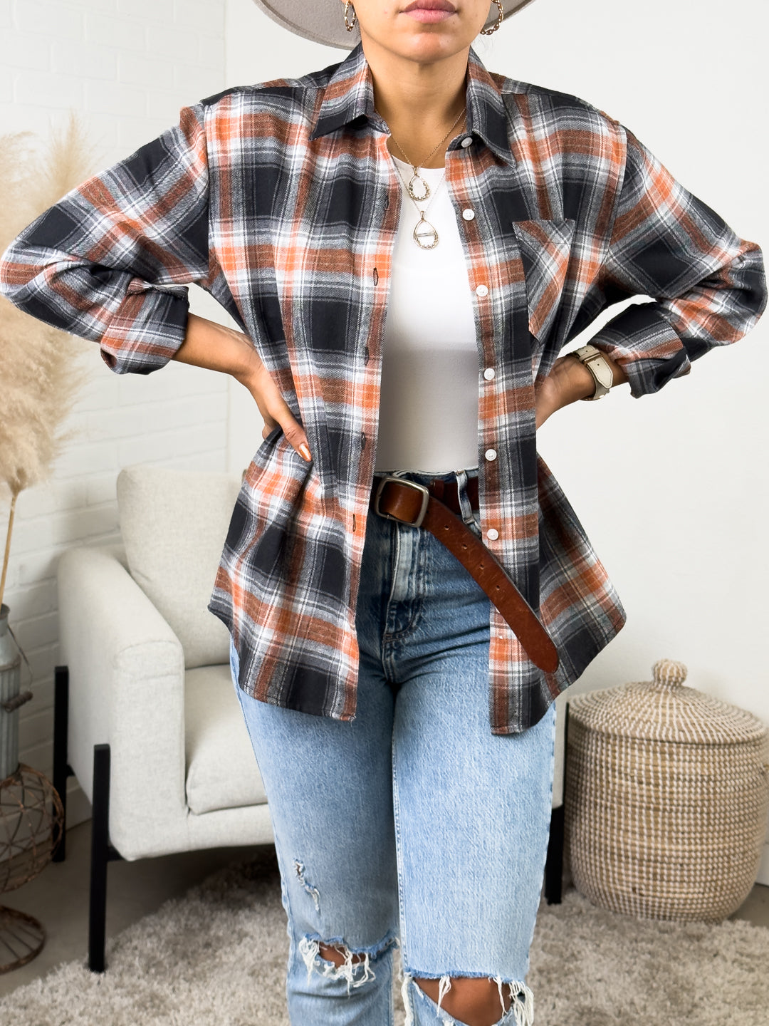 Oversized Long Sleeve Button up Plaid Fall Flannel | Sage