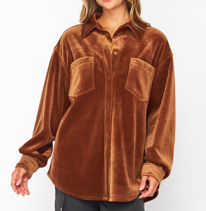 Ribbed Oversized Velour Shirt Jacket