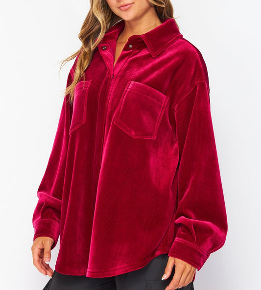 Ribbed Oversized Velour Shirt Jacket