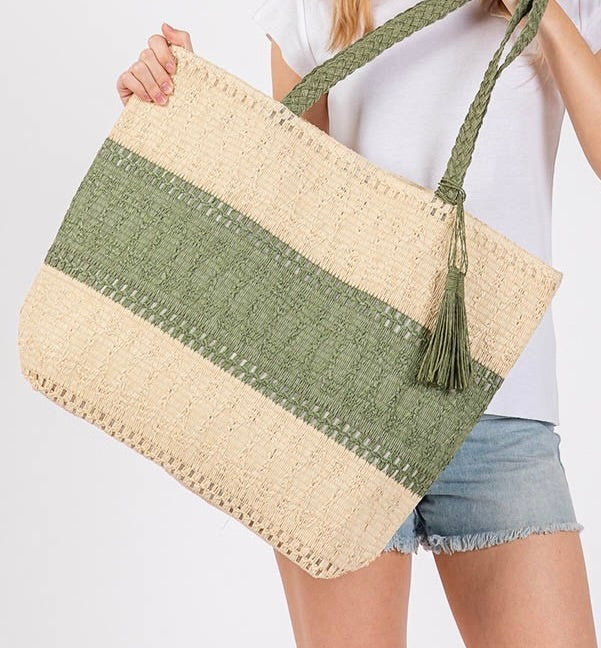 Two Tone Woven Tassel Tote Bag