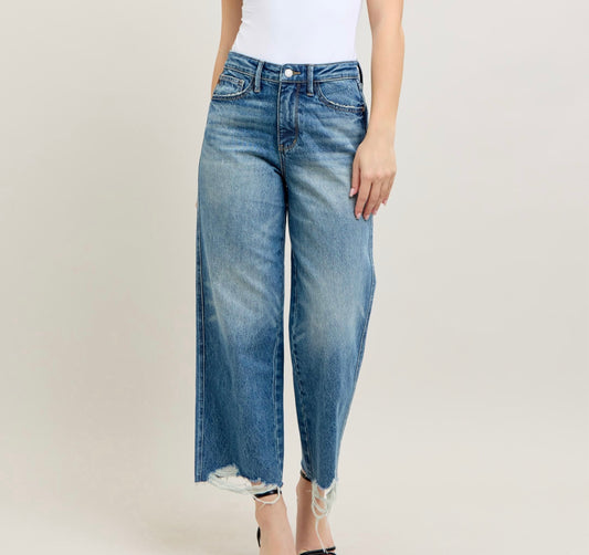 Jane High Waist  Raw Hem Crop Wide Leg Jeans JUDY BLUE