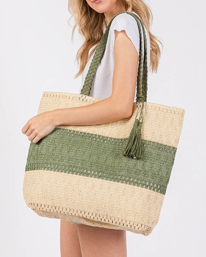 Two Tone Woven Tassel Tote Bag