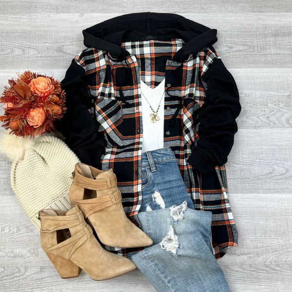 Brooke Oversized Hooded Flannel – Two-Tone Sleeves, Fall Essential