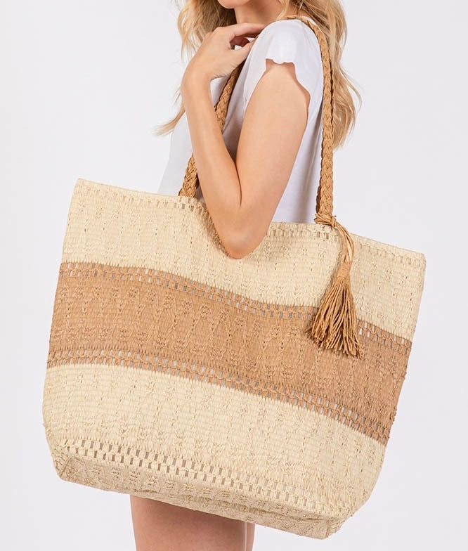 Two Tone Woven Tassel Tote Bag