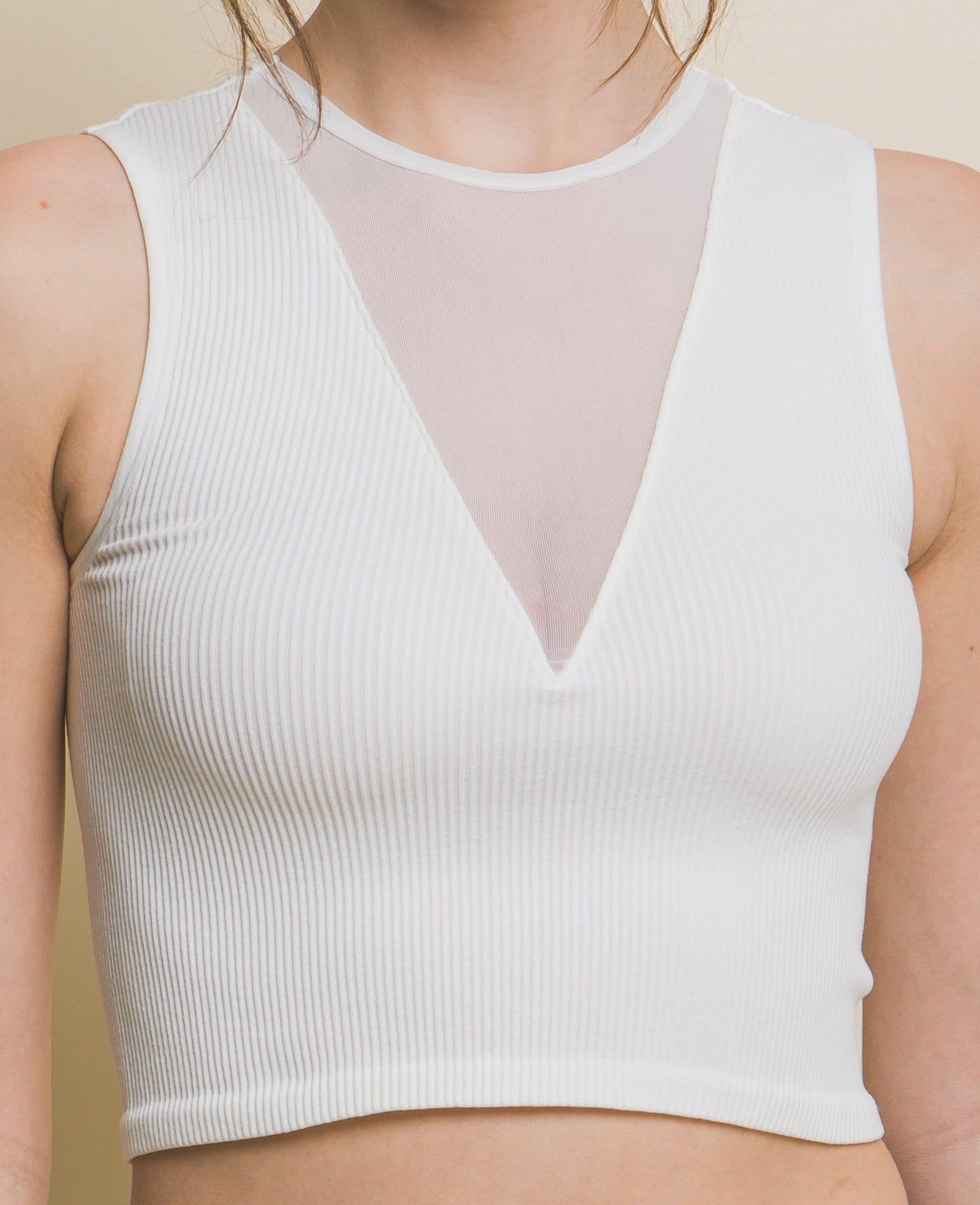 Mesh V-neck Ribbed Seamless Crop Tank Top
