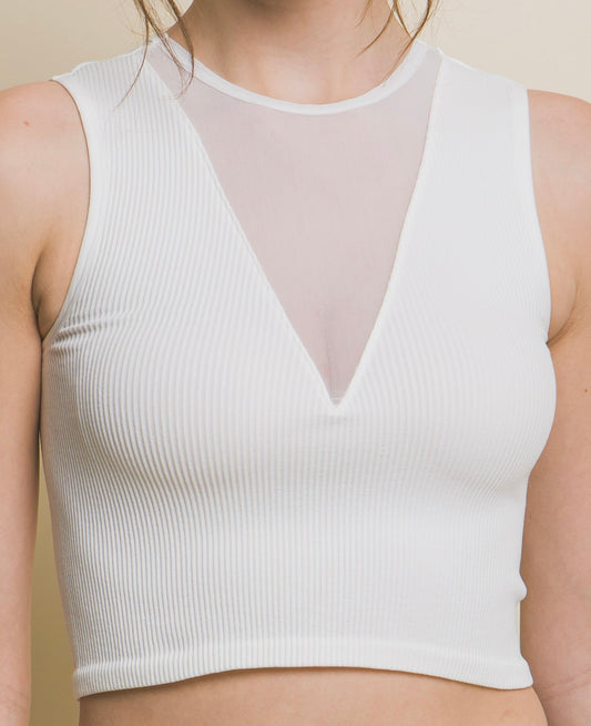 Mesh V-neck Ribbed Seamless Crop Tank Top