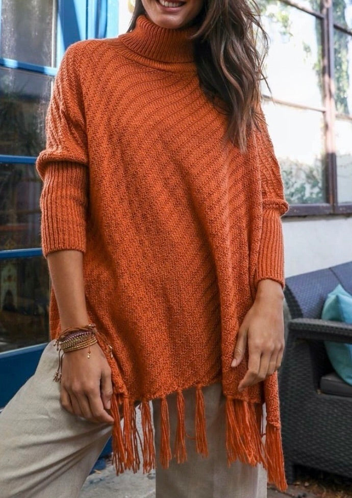 Celina Oversized Turtleneck Fringe Sweater - Rust