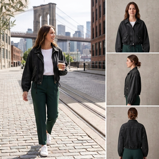Valentina Oversized Cropped Denim Bomber Jacket / Cinch-Waist Denim
