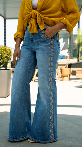 Eva-Women’s High Rise Rhinestone Wide Leg Jeans – Embellished Flare Denim