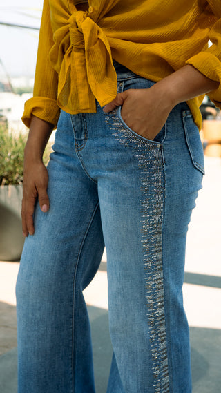 Eva-Women’s High Rise Rhinestone Wide Leg Jeans – Embellished Flare Denim
