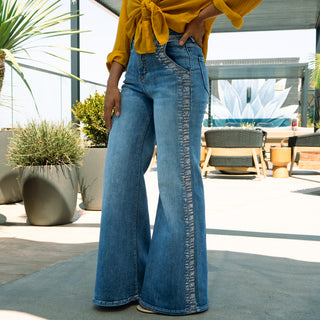Eva-Women’s High Rise Rhinestone Wide Leg Jeans – Embellished Flare Denim