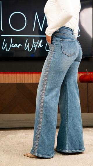 Eva-Women’s High Rise Rhinestone Wide Leg Jeans – Embellished Flare Denim