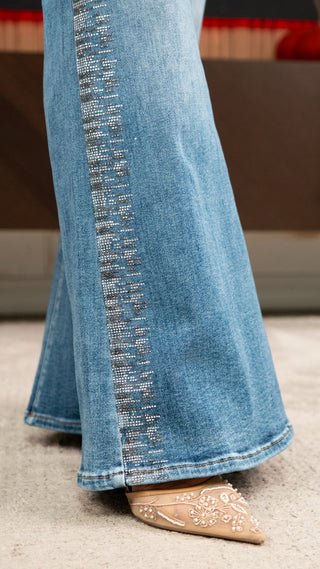 Eva-Women’s High Rise Rhinestone Wide Leg Jeans – Embellished Flare Denim