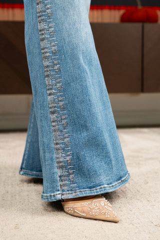 Eva-Women’s High Rise Rhinestone Wide Leg Jeans – LOMBA Embellished Flare Denim
