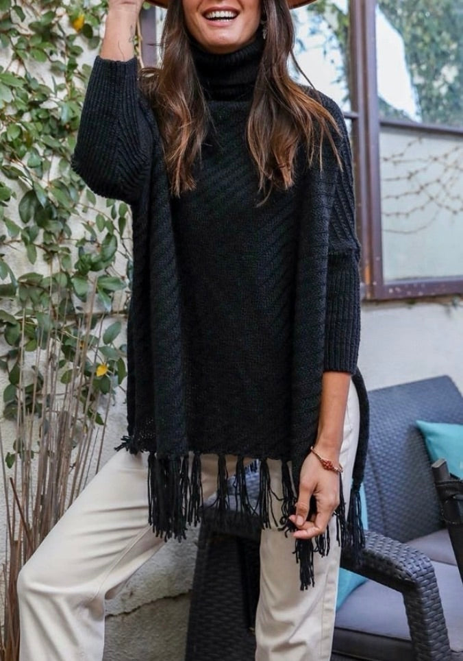 Celina Oversized Turtleneck Fringe Sweater - Black