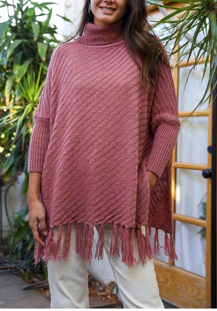 Celina Oversized Turtleneck Fringe Sweater - Mauve