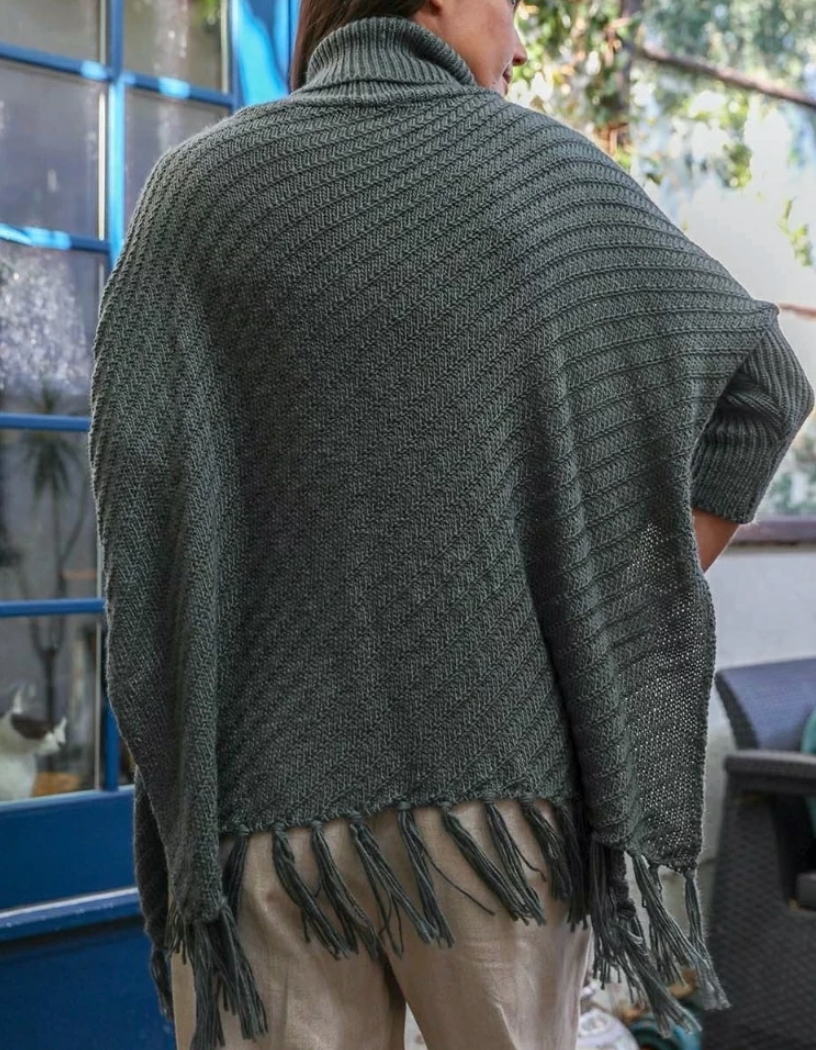 Celina Oversized Turtleneck Fringe Sweater - Olive