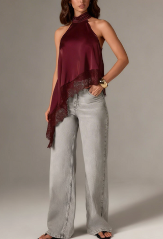 Asymmetry Silky Halter Top With Lace Trim