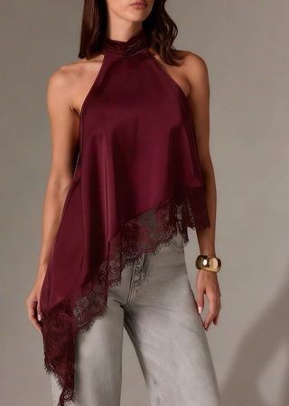 Asymmetry Silky Halter Top With Lace Trim
