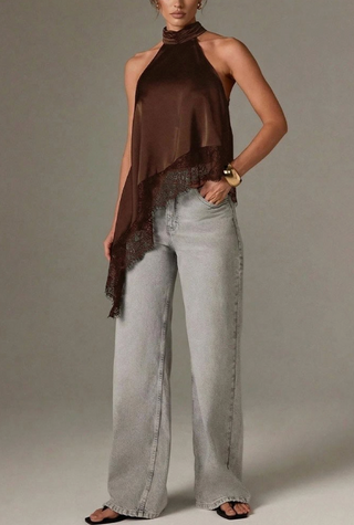 Asymmetry Silky Halter Top With Lace Trim