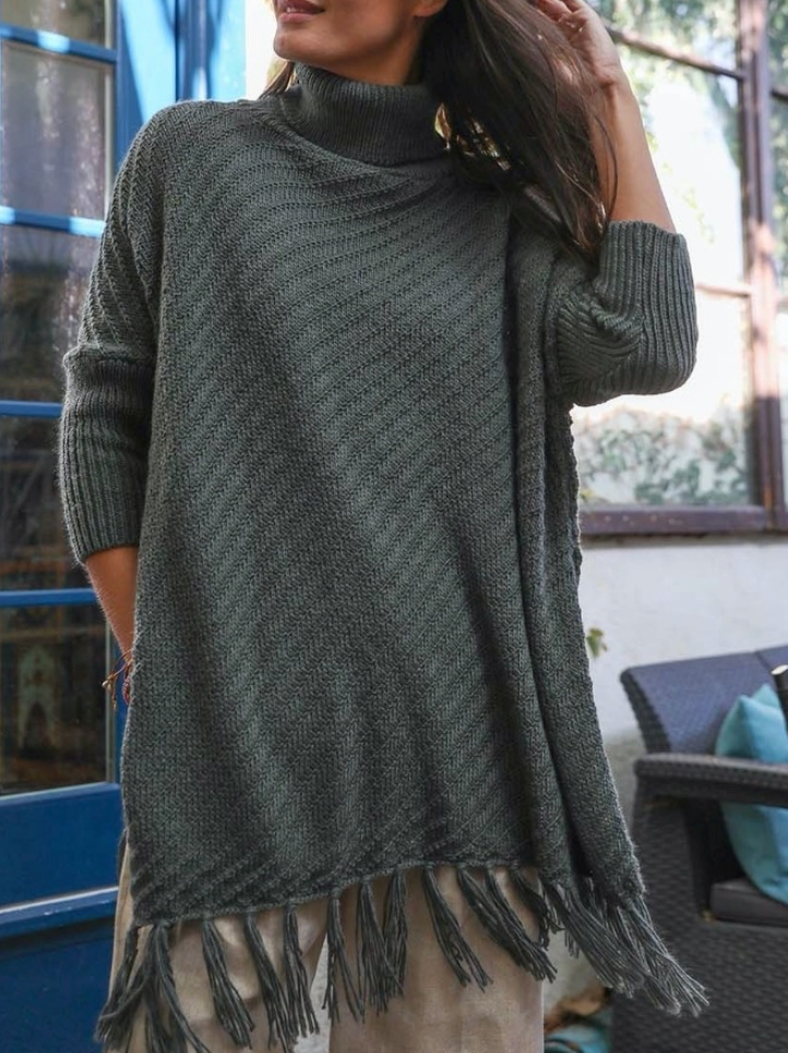 Celina Oversized Turtleneck Fringe Pullover Sweater