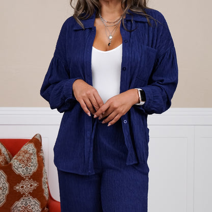 Amanda Crinkled Plisse Button Down Shirt Loungewear Set
