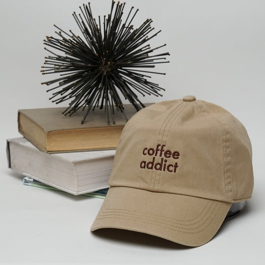 Coffee Addict Adjustable Strap Baseball Cap | One size fist most | Khaki