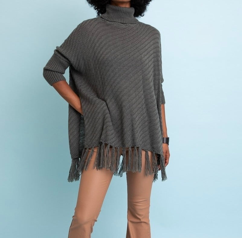 Celina Oversized Turtleneck Fringe Sweater - Olive