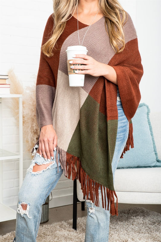 Color Block Tasseled Poncho