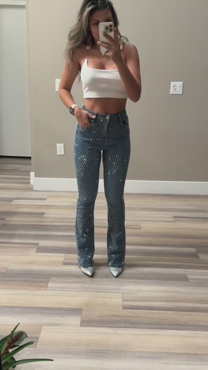 Bella Rhinestone Flair bottom Jeans – Sparkly High Waisted Denim, Boho Western Style