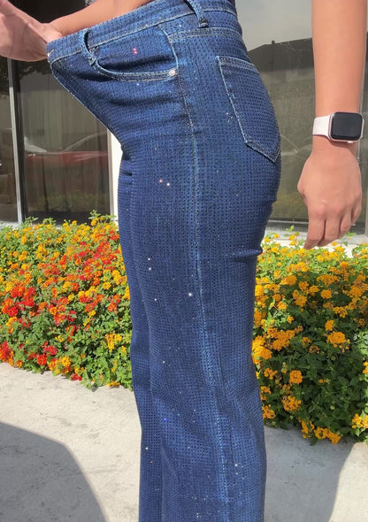 Adaline Rhinestone Straight JEANS – Sparkly High Waisted Denim