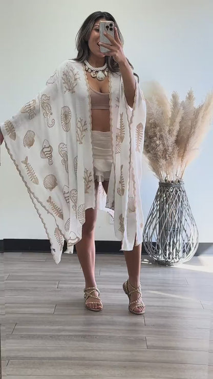 Vallarta Seashell Embroidered Kimono Beach Cover Up
